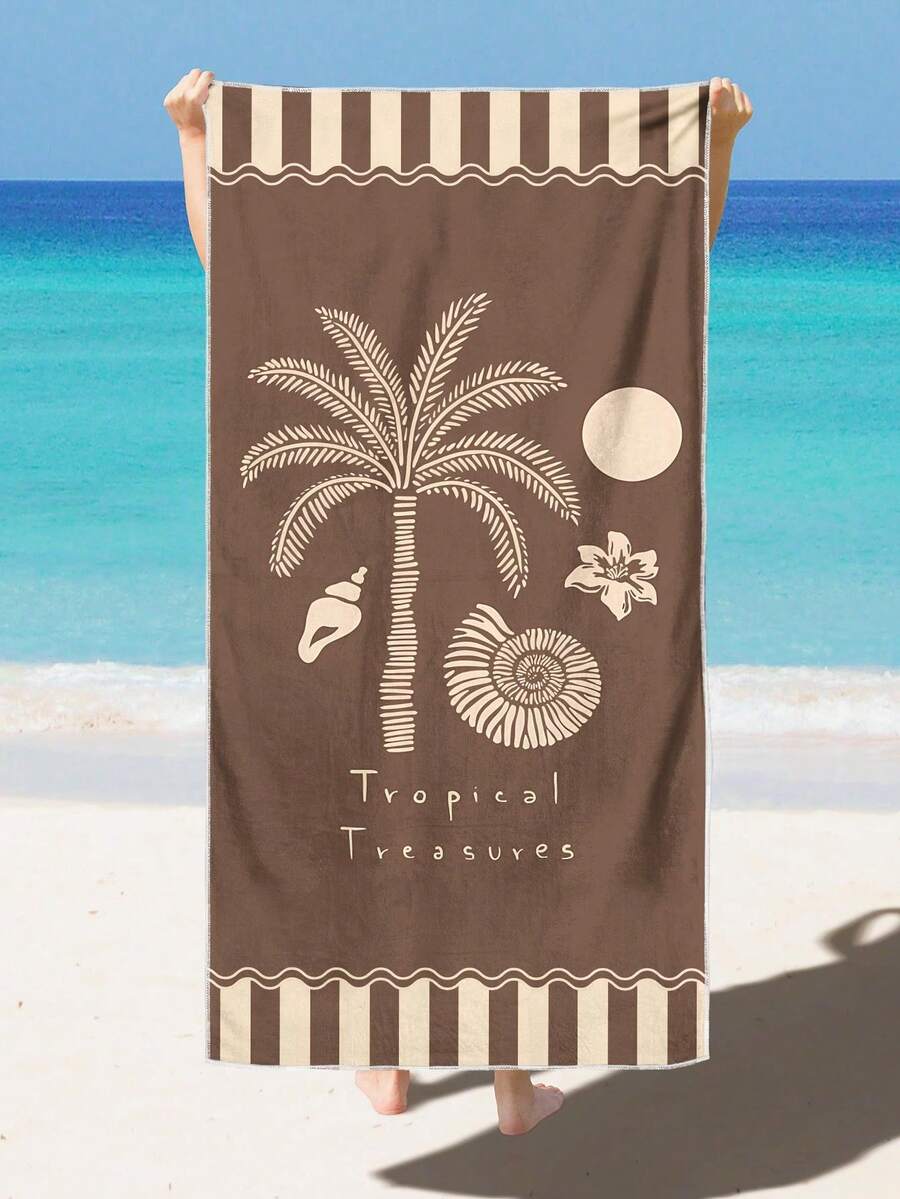 1pc Vintage Coconut Tree & Shell Print Beach Towel, Modern Style Fiber Rectangular Travel Home Beach Towel, Suitable For Swimming, Diving, Summer - Multicolor - View 1