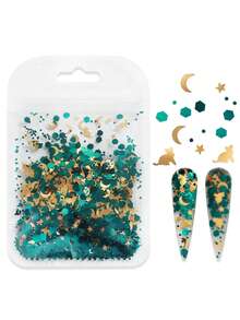 5g Shiny Star Moon Mix Cat Sequins Nail Art Decorations Emerald Green Hexagon Glitter Gel Polish Manicure Accessories Vintage Press On Nails - Multicolor - View 2