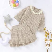 Baby Girls Sweater Set Korean Style Soft Gentle Knit 2-Piece Outfit Contrast Color Ruffle Collar Long Sleeve Top Double Layer Ruffle Skirt Daily Outing Wear - Camel - View 13