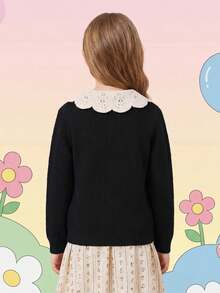 Tween Girl Colorblock Casual Versatile Daily Outing Cardigan - Black - View 5