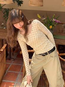 Spring/Autumn Casual Polka Dot Round Neck Long Sleeve T-Shirt - Apricot - View 8