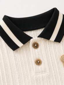 2pcs/Set Baby Boy White Autumn Casual Versatile Teddy Bear Pattern Textured Fabric Polo Long Sleeve Top + Straight Leg Elastic Waist Pants Loose Comfortable For Outings And Photos - Navy Blue - View 5