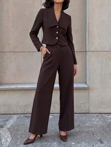 Women's Brown Stretchy 2 Pieces Pant Suit Cropped Gold Button Blazer Wide Leg Pants For Business Work - Coffee Brown - View 1