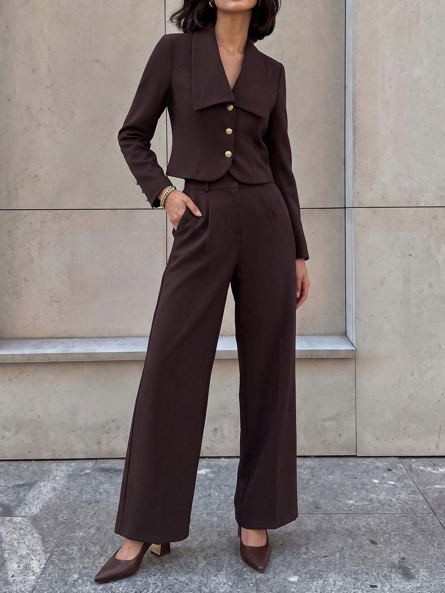 Women's Brown Stretchy 2 Pieces Pant Suit Cropped Gold Button Blazer Wide Leg Pants For Business Work - Coffee Brown - View 1