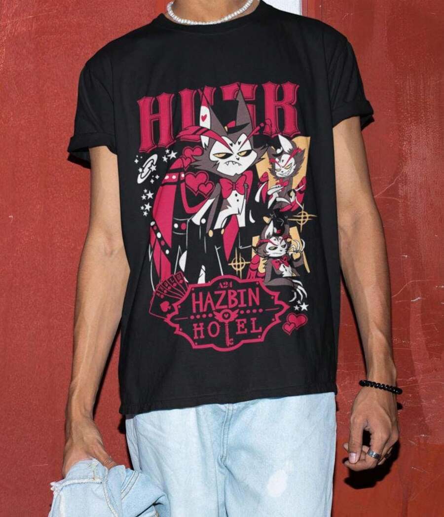 Hazbins Hotelss Fire Style Japan Style Unisex 100% Cotton, Retro Printed Fashion T-Shirt For Men And Women - Black - View 1