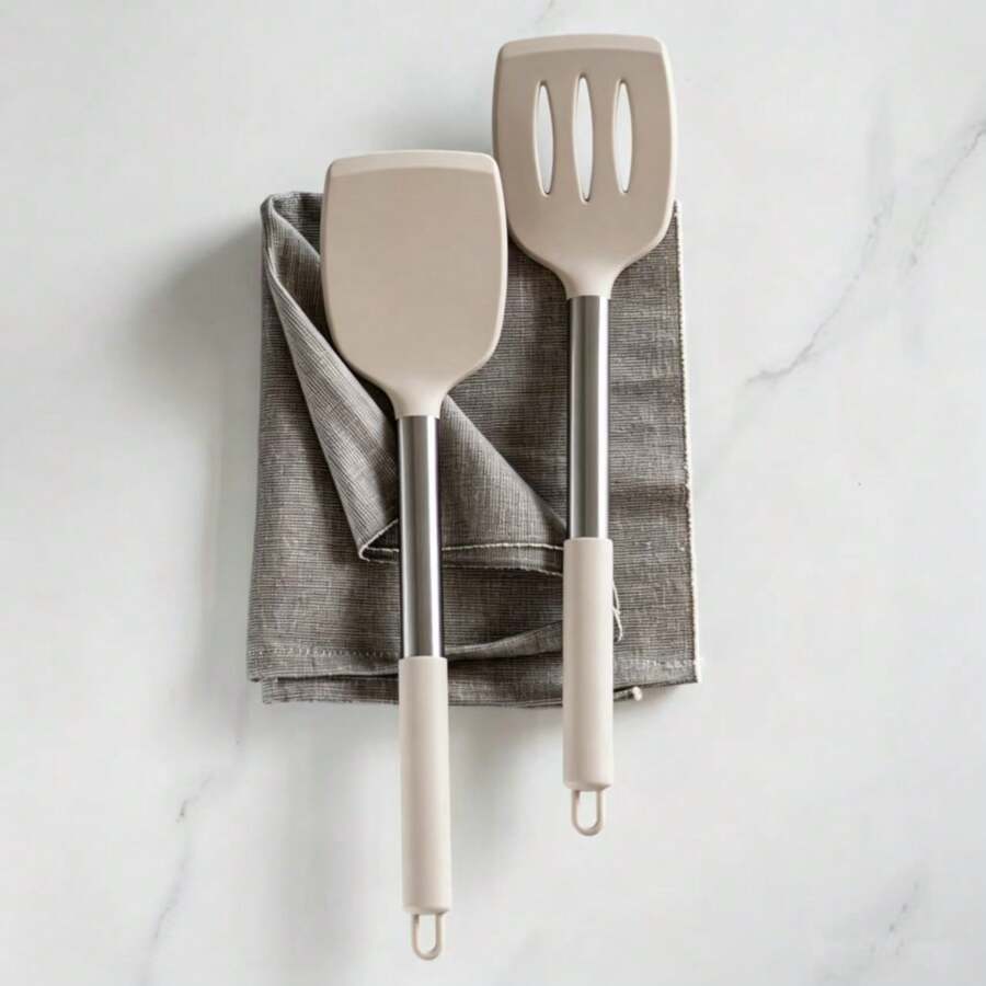 2pcs Silicone Spatula Set, Solid And Hollow Spatula, Suitable For Non-Stick Cookware, Heat-Resistant Cooking Utensils, Can Cook Fish, Eggs, Steak (Khaki) - Khaki - View 1