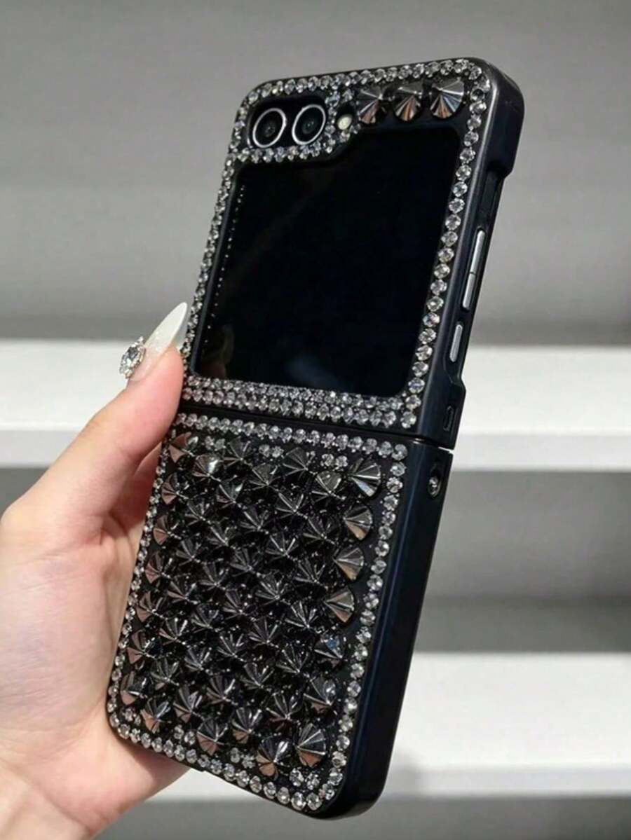 1pc Punk Style Rivet Rhinestone Phone Case Compatible With Samsung Z Flip8 Z Flip6 Flip5 Flip4 3 Fashionable Folding Phone Protective Cover - Black - View 1
