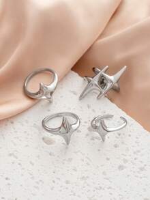 Set 4 Cincin Statement Bintang Y2K, Cincin Terbuka Bintang Berduri Tidak Beraturan Warna Perak, Cincin Tumpuk Estetika Punk Gotik untuk Pesta Grunge - Perak - View 3