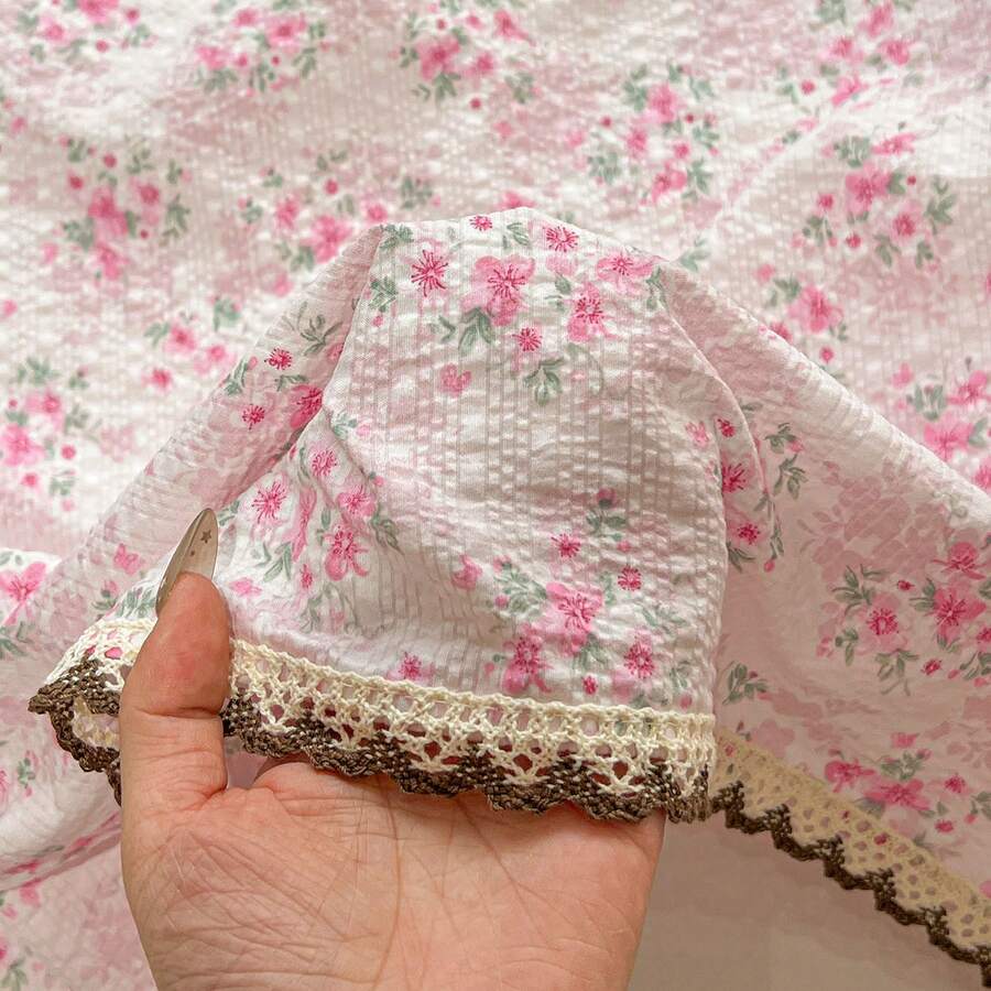 3-Piece Bed Sheet Set With Lace Trim, Botanical Print Design, Crochet Lace, British Country Style, Suitable For Single Bed, Double Bed, Student Bed - Pink - View 1