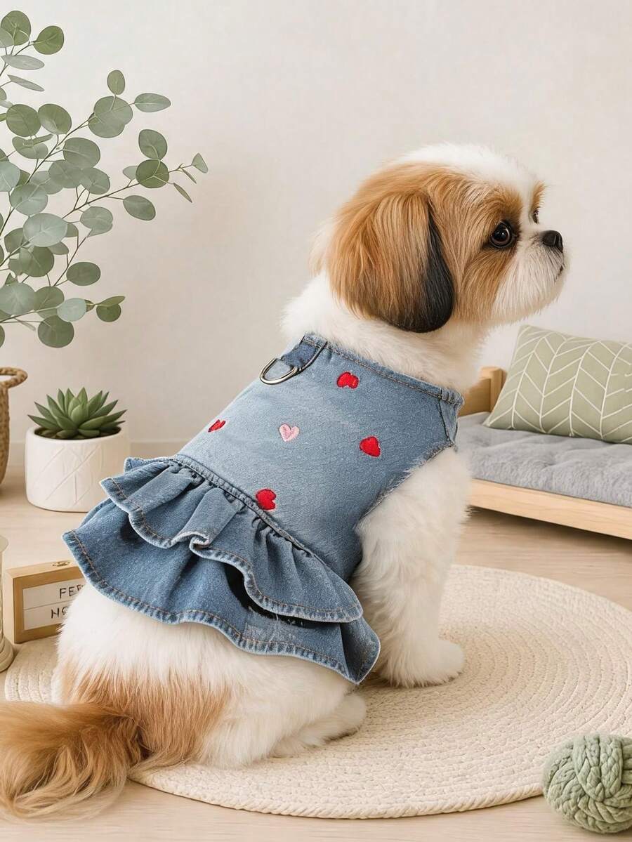 PETCIRCLE 1件裝寵物小狗幼犬可愛無袖戶外洋裝,附牽繩夾,甜美可愛風愛心圖案 - 彩色 - 查看 1