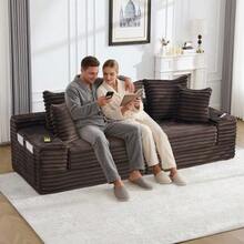 Cord Fabric Compression Sofa With High Backrest, Extra Cushion, Dual Side Pockets, And Cup Holders - 咖啡棕 - 查看 5