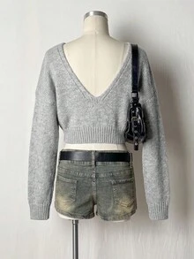 Women Deep V Back Long Sleeve Cropped Knit Sweater Drop Shoulder Ribbed Hem Loose Fit Backless Crop Jumper Casual Pullover - Grey - View 5