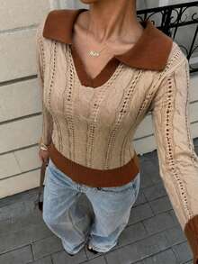 Women's Stylish Knitted Pullover Sweater With Long Sleeves, Perfect For Autumn And Winter Casual Wear - Brown - View 9