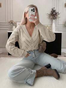 Women Autumn Casual Vintage Hollow Knitted Cardigan Top Back To SchoolSweater, With A Simple And Casual Style Suitable For Vacation And Date Wear. - Camel - View 10