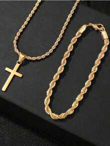 2 Pieces Men's Minimalist Casual Cross Jewelry Set - Stylish Necklace And Bracelet Combo, Year-Round Men's Essential Accessory - Multicolor - View 9