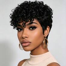 Pixie Short Human Hair Wig, Curly, 150% Density, Natural Black, Machine Made, For Women's Daily And Party Wear - Multicolor - View 6