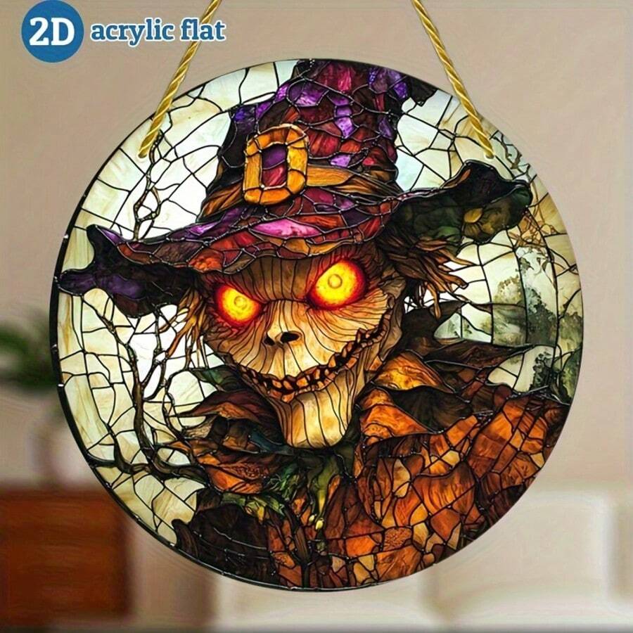 Placa de Arte em Vidro Manchado Halloween 2D Plana, Decoração Pendurada em Acrílico Redondo 2D com Design de Chapéu de Bruxa e Lanterna de Abóbora, Adequada para Janelas, Paredes, Varanda, Sala de Aula, Casa, Quarto, Jardim - A - Visão 1