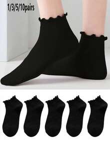 1/3/5/10 pares de calcetines cortos para mujer de color liso, estilo japonés dulce y lindo, con ribete de volantes, moda minimalista - Negro - Ver 1