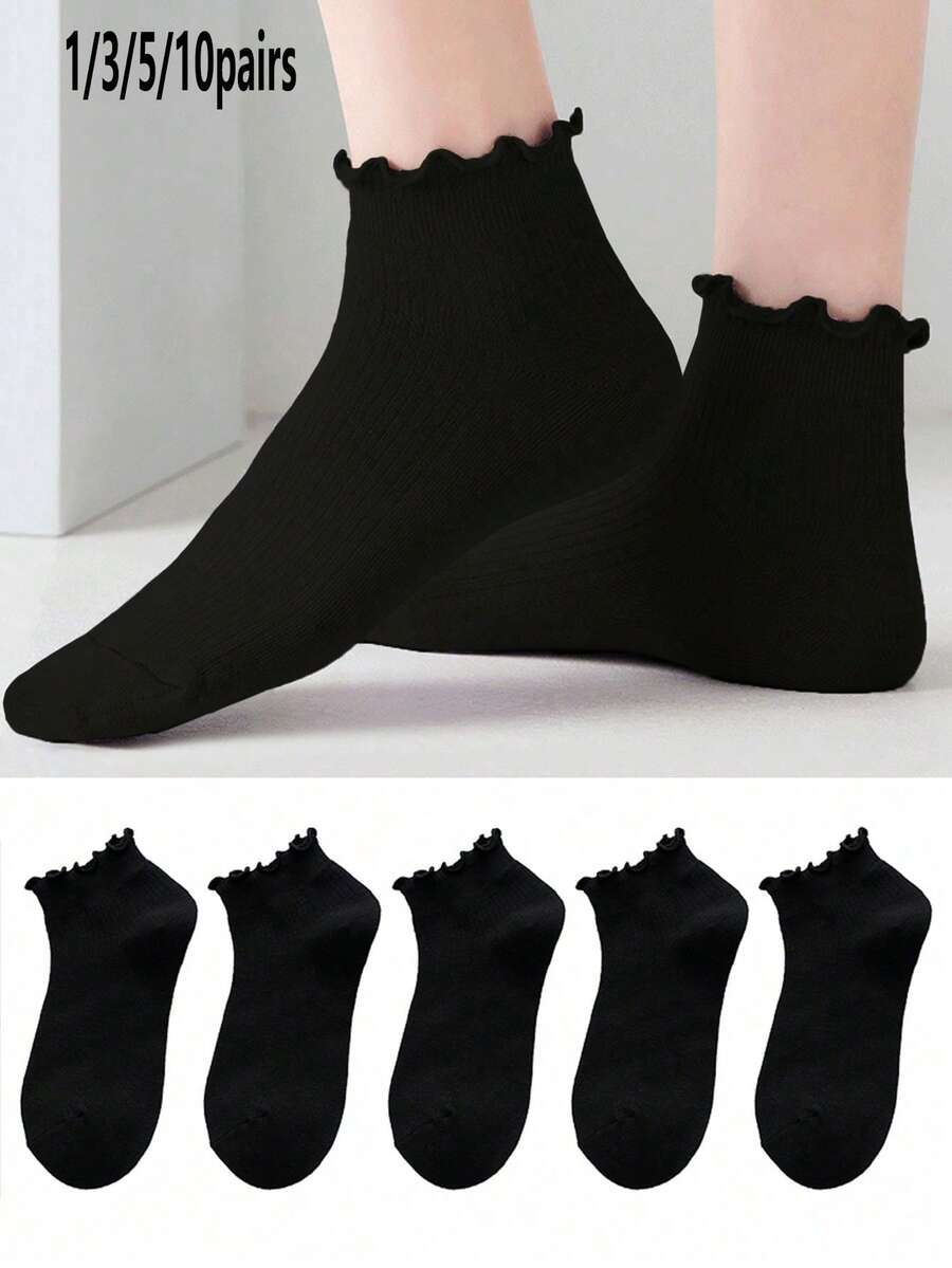 1/3/5/10 pares de calcetines cortos para mujer de color liso, estilo japonés dulce y lindo, con ribete de volantes, moda minimalista - Negro - Ver 1