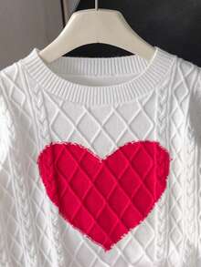 Girls Cute Heart Short Knit Pullover Sweater, Suitable For Daily Casual Wear In Spring, Autumn And Winter - White - View 3