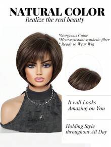8 Inch Brown Highlight Short Bob Wig With Bangs For Women, Heat Resistant Synthetic Machine Made Wig, Beginner Friendly Ladies Wig, Great For Daily Wear, Halloween, Christmas, Music Festivals, Cosplay, Ideal Festival Gift For Girls For Ramadan & Eid - Multicolor - View 2