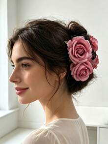 1pc Flower Decor Hair Claw Clip, Minimalist Hair Accessory Bun Maker, Rhinestone Elegant Hair Ornament, Gift For Party Beach Hair Clips Vacay Hair Clutch - Champagne Pink - View 13