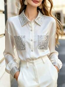 Women's Autumn Fashion White Sequin Patch Pocket Long Sleeve Button-Up Shirt Collar Polyester Blouse, Dropped Shoulder Design, Showcasing Fashionable Style - White - View 2
