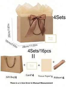 4pcs Kraft Paper Gift Bags, Includes 1 Gift Bag, 1 Tissue Paper And 1 Card With Ribbon, Shopping Bag, Packaging Bag With Handle, Handbag With Bow, Premium Paper Bag, Suitable For Girls' Wedding Party, Christmas, Thanksgiving, New Year, Wedding, Birthday, Valentine's Day Bridesmaid, Girlfriend Gathering Gift, Valentine's Day And Other Occasions - Multicolor - View 15