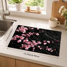 1pc Pink Cherry Blossom Black Marble Pattern Diatomaceous Earth Kitchen Drain Mat, Absorbent Quick-Drying Non-Slip Coffee Machine Mat, Suitable For Kitchen Countertop, Dining Table And Home Decor - Multicolor - View 9