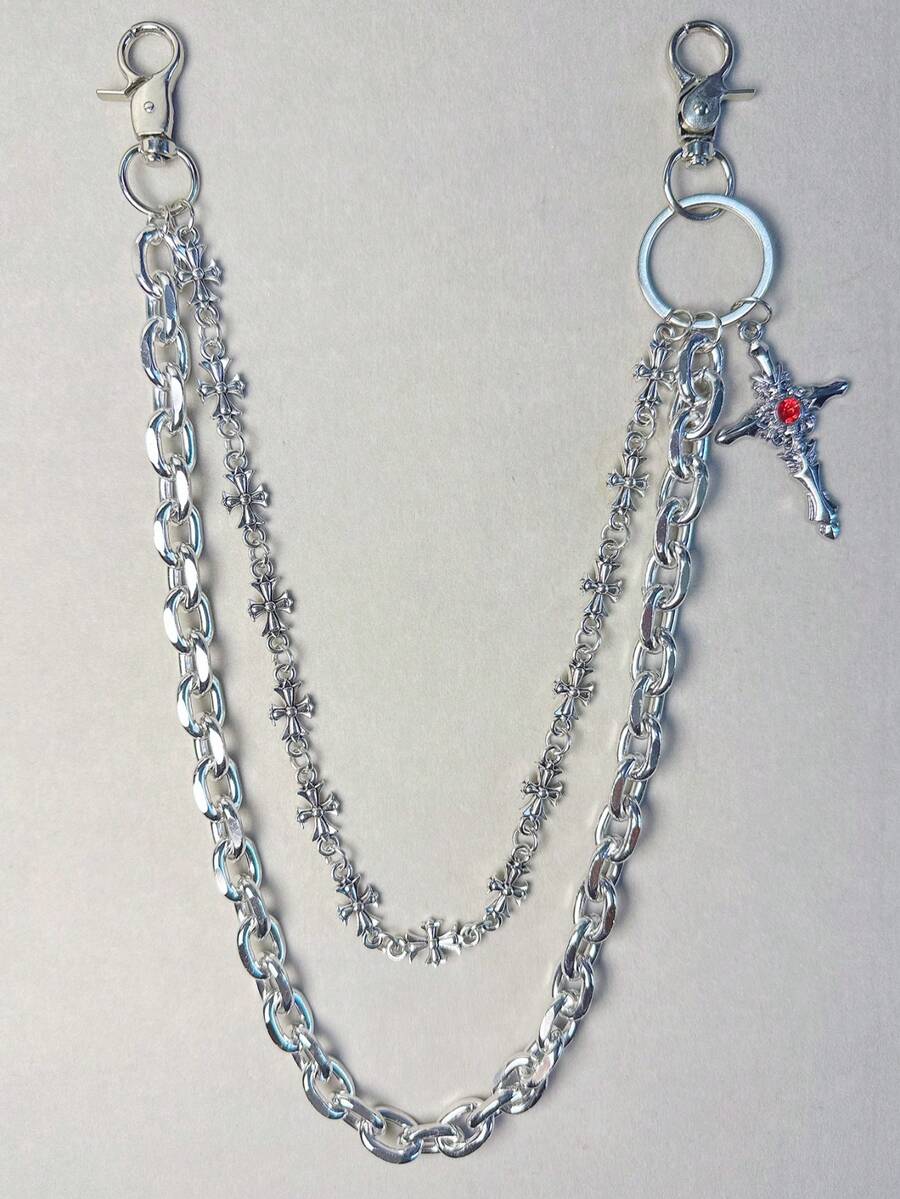 Cross Chain Pants Chain, Rhinestone Waist Chain With Lobster Clasp Pendant, Wallet Chain, Vintage Chain, Double Layer Chain, Hip Hop Punk, Jeans Chain, Pocket Chain, Men's Keychain, Multi-Element - Multicolor 1 - View 1