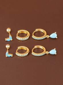 6PCS Light Luxury Water Drop Zirconia Pendant Earrings Sets For Women 18K Gold Plated Blue Stainless Steel Stud Earring Aesthetic Piercing Jewelry Gifts - Golden Pine Blue-6pcs - View 3