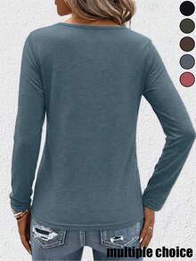 Women's Bohemian Style V-Neck Long Sleeve T-Shirt, Elegant Knit Fabric, Autumn Essential - Dark Blue - View 2