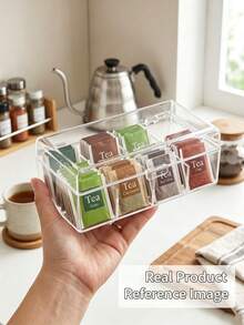 1pc 4-Compartment Transparent Tea Bag Storage Box, Multi-Section Portable Coffee Bag Organizer, Flip Lid Moisture-Proof & Dust-Proof Storage Box, Suitable For Kitchen, Office Break Room, Living Room Coffee Table And Small Item Organization - Transparent - View 2