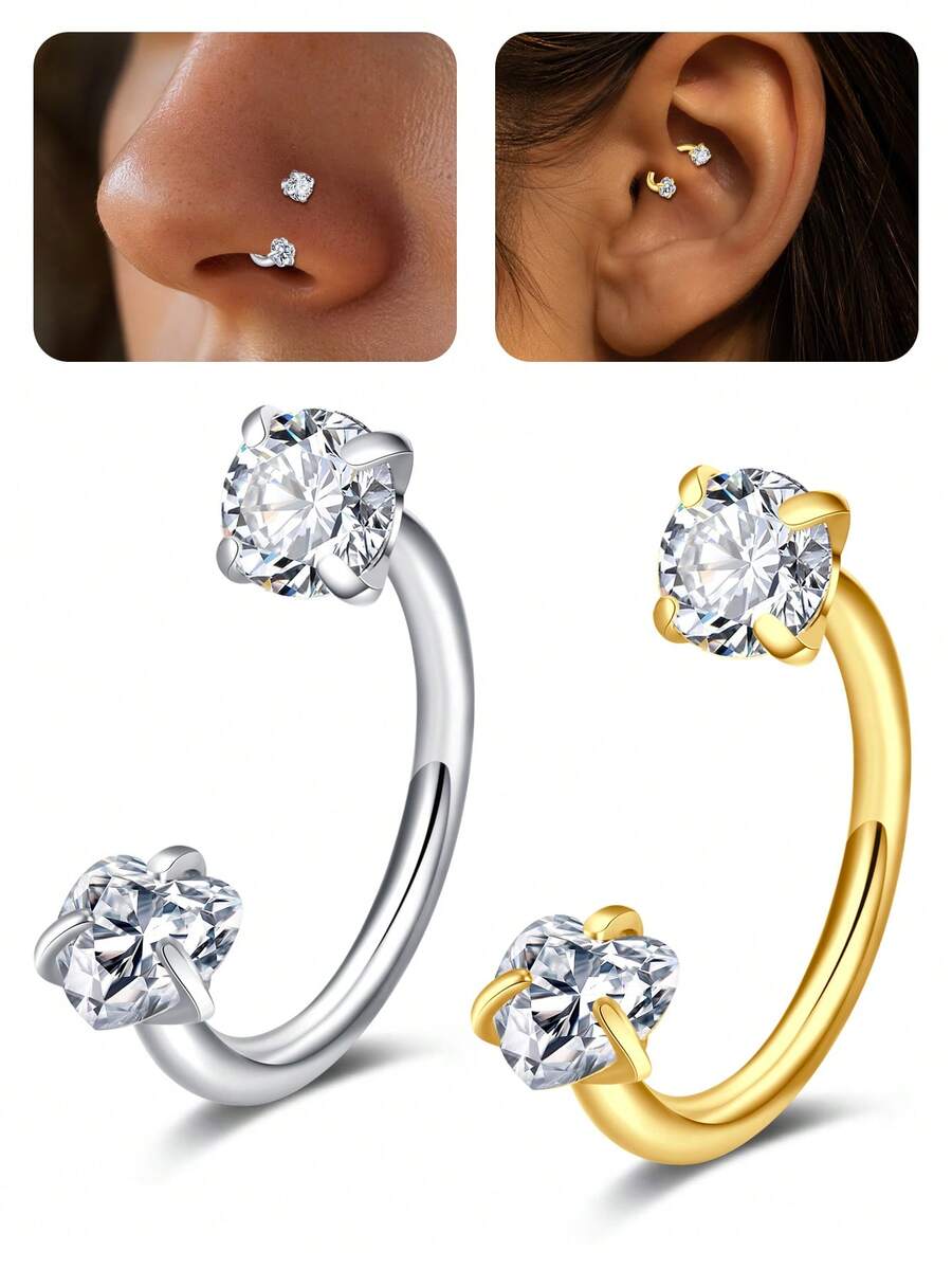CIZME Heart-Shaped Double Gem Horseshoe Half-Hoop Nose Ring, 18G Nose Piercing Jewelry, Internal Threaded Septum Ring, Cartilage Conch Ear Ring, Lip Ring - Horseshoe - View 1
