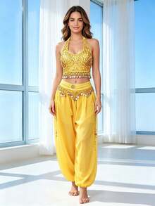 Atasan Crop Top Halter Rumbai Koin Tari Perut dan Celana Harem Tari Longgar Chiffon Ringan (Tersedia Berbagai Warna) - MultiWarna - View 7