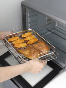 1pc/2pcs 13 Inch Stainless Steel Wavy Bottom Baking Pan + Double Handle Square Baking Rack Set, Air Fryer Oven Accessories For French Fries And Chicken, Home Food Draining Baking Tray, Frying Filter Rack - A - View 9