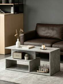 1 Pieza Mesa de Café con Diseño de Escalones, Espacio de Almacenamiento Abierto Multicapa Irregular con Superficie de Grano de Piedra Gris Mate, Mesa de Café, Escritorio, Mesa de Reunión, Mesa Lateral, Mesa de Té, Mesa de Extremo, Mesa de Almacenamiento, Mesa Organizadora, Mesita de Noche - mesa de centro - Ver 4