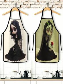 2Pcs Gothic Corpse Bride Apron Set, Spooky Skeleton Zombie Bride Black Wedding Dress Kitchen Apron, Dark Romantic Veil Rose Cooking Apron, Melancholy Halloween Chef Apron For Baking Grilling - Multicolor - View 10