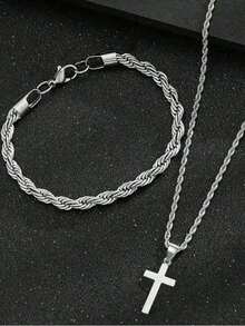 2 Pieces Men's Minimalist Casual Cross Jewelry Set - Stylish Necklace And Bracelet Combo, Year-Round Men's Essential Accessory - Multicolor - View 8