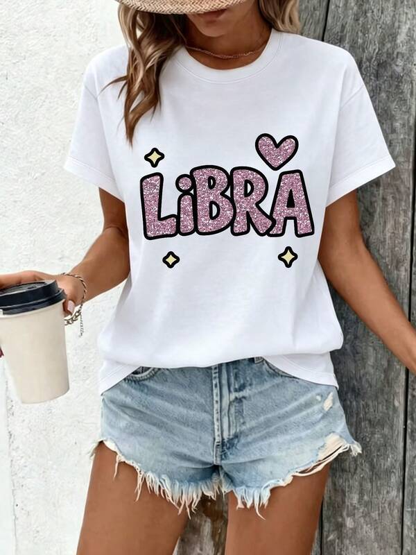 Libra Pink Glitter Letter Heart Star Crew Neck Short Sleeve T-Shirt, Coquette Zodiac Sign Loose Tee, Astrology Girly Casual Women Tops Lightweight Cas
