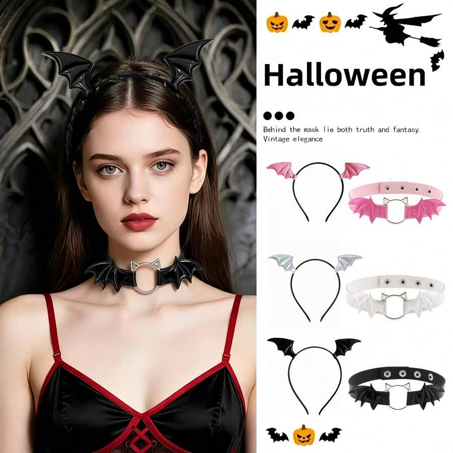 1 Set Halloween Bat Wings Headband Rose Mesh Choker Necklace Costume Accessory Set, Halloween Festival New Costume Props - A - View 1