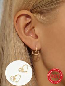 1 Pair S925 Sterling Silver Linear Hollow Heart Earrings For Women, Classic Minimalist Korean Ins Artistic Style, Gentle Elegant Elegant, Unique Sweet Fresh Niche Ear Jewelry, Suitable For Daily Casual Wear Or Party Gathering Gift - Love - View 8