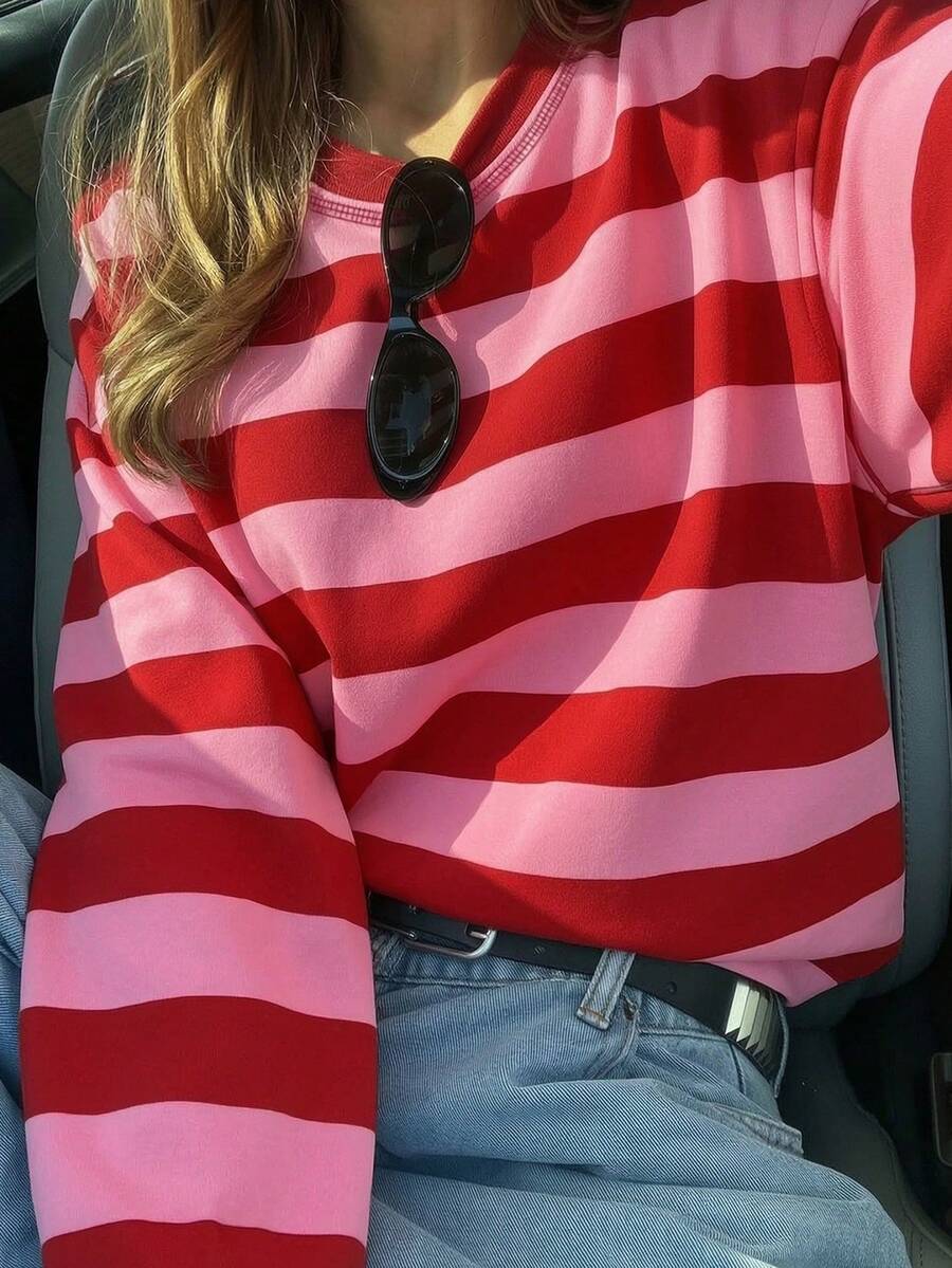 Women's Casual Striped Contrast Color Ribbed Top, Spring/Autumn Everyday Wear - Rose Red - View 1