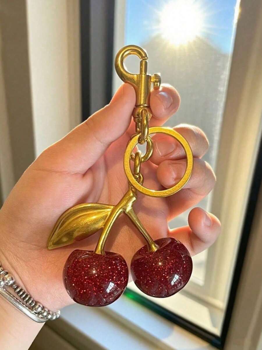 Unique Shiny Cherry Shaped Pendant Keychain, Cherry Decor Keychain With Buckle, Portable Bag Charm Accessory, Suitable For Cute Home Decor And Accessories, Warm Autumn Home Decor, Modern Office Decor, Holiday Christmas Home Decor, Elegant - Multicolor - View 1