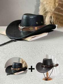 1pc Men's Multi-Color Bull Head Studded Leather Jazz Hat, Outdoor Sun Hat, Large Brim Western Cowboy Hat, Spring/Summer/Autumn - Multicolor - View 17