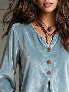 Vintage Elegant Solid Color Button Design Women's Velvet Long Sleeve Top, Autumn New Commuter Blouse - Baby Blue - View 2