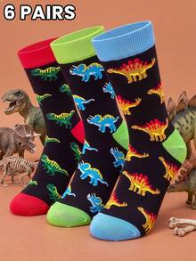 3/6 Pairs Unisex Dinosaur Series Mid-Calf Socks, Fun & Unique Street Style Colorblock Design, Soft & Comfortable For Daily Wear - Multicolor - View 7