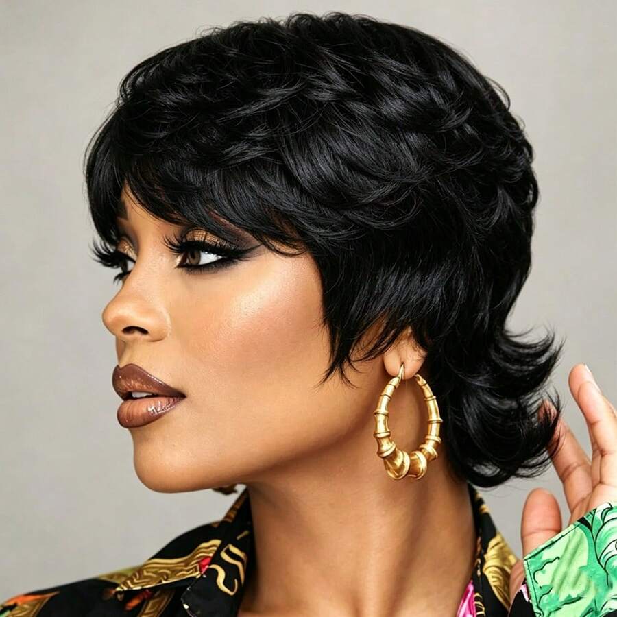 Women's 6 Inch Straight Mullet Pixie Cut Wig With Bangs Brazilian Remy Human Hair 180% Density Machine-Made No Lace Wig For Daily & Party Wear