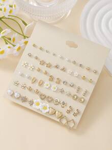 30 Pairs Exquisite Minimalist Star, Heart, Cherry, Flower Earrings Set For Women, Dating Stud Earrings Gift - Yellow Gold - View 6