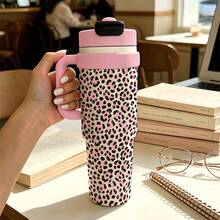 1PC 1000ML Creative Leopard Print, Black Leopard Print, Fashion Leopard Pattern Stainless Steel Insulated Cup, Double Drink Coffee Cup, Portable Straw Cup, Stylish , Suitable For Office/Home, Gift For Family/Friends, Coffee/Milk/Tea - Multicolor - View 12